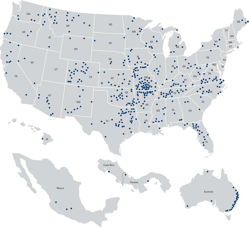 map of US with United Country offices